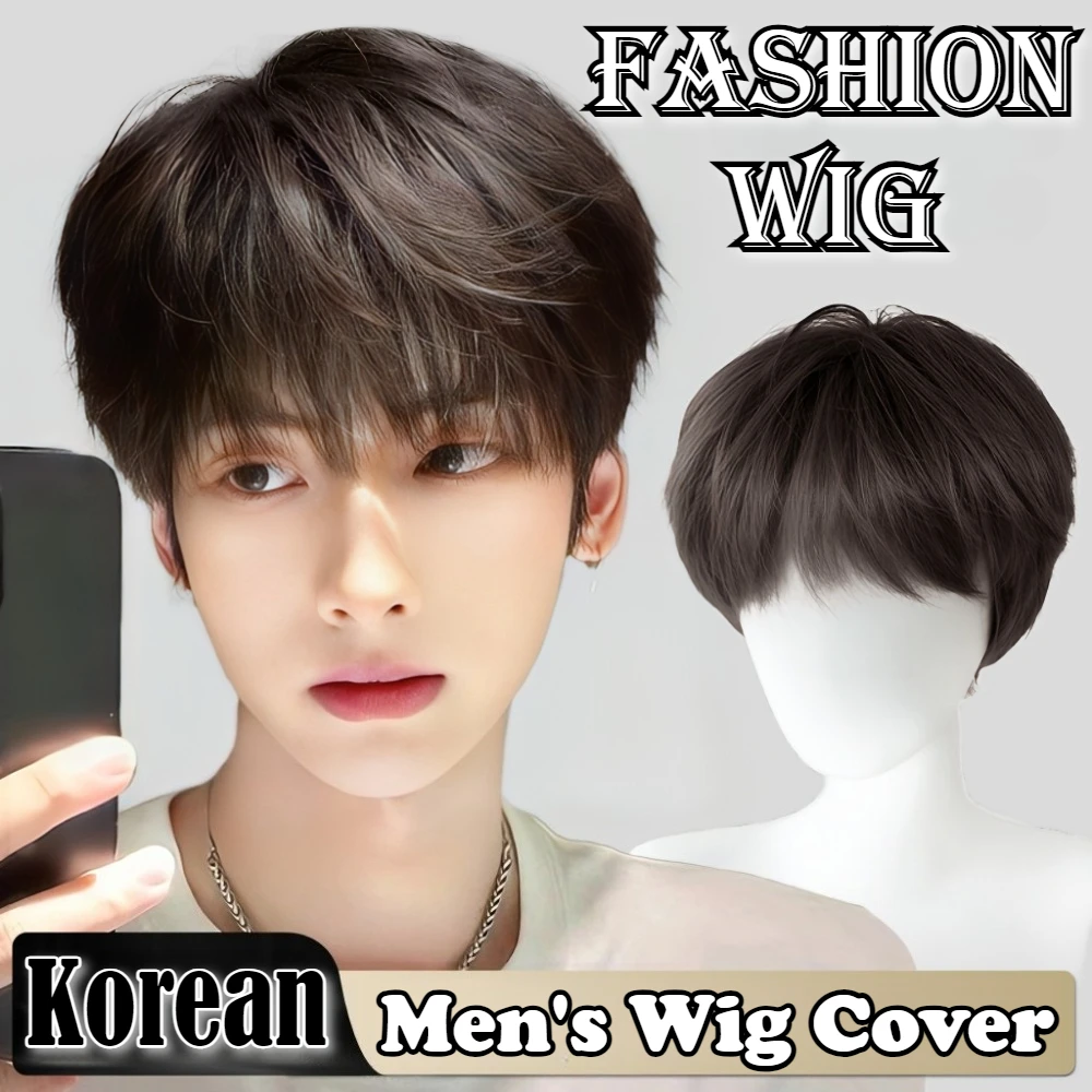 أزياء الاصطناعية شعر مستعار مستقيم للرجال رقيق الشعر القصير نمط تأثيري الباروكات الطبيعية غطاء رأس أسود الكورية الذكور شعر مستعار يومي