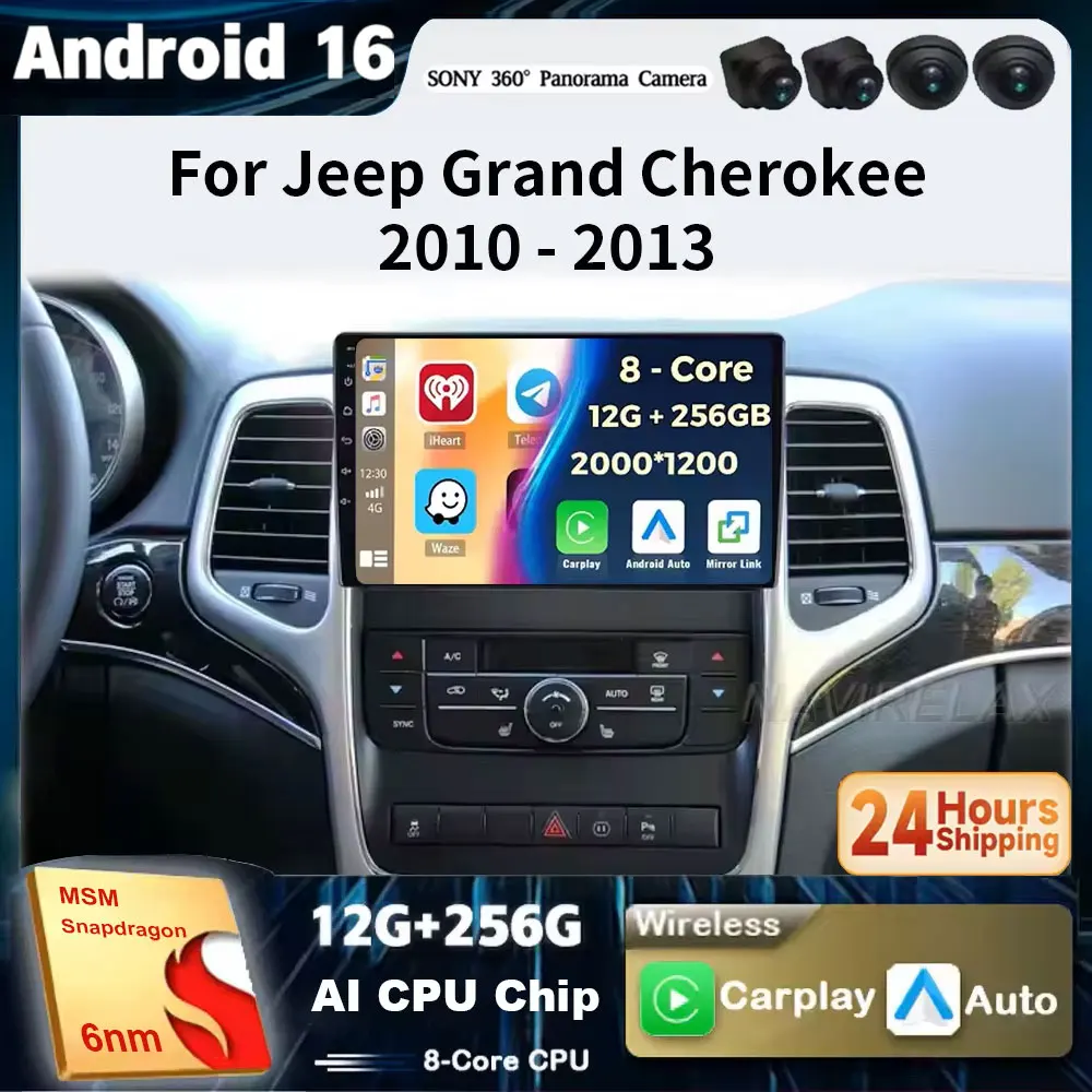Android 16 Wireless Carplay Auto For Jeep Grand Cherokee WK2 2008 - 2013 Car Radio Multimedia Stereo Video Player GPS Navi WIFI