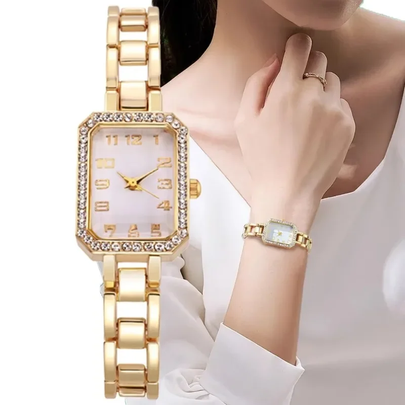 

Rhinestone Women's Watch Thin Strap Alloy Digital Fashion Noble Quartz Watch Rectangle Female Clock Relogio Mujer No Bracelet