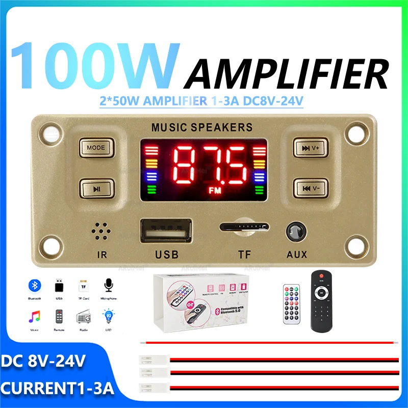 2*50W Bluetooth Amplifier Complete Kit with Remote Display Power Cable Brown Case 8V-24V DC for Car Audio Home Theater Hi-Fi DIY