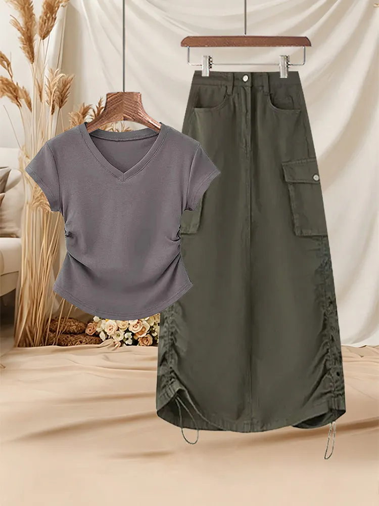 Retro Hong Kong Style High-End Feeling Set Pleated Design Waist-Cinching Short Sleeve T-Shirt Workwear Drawstring Halter Skir...