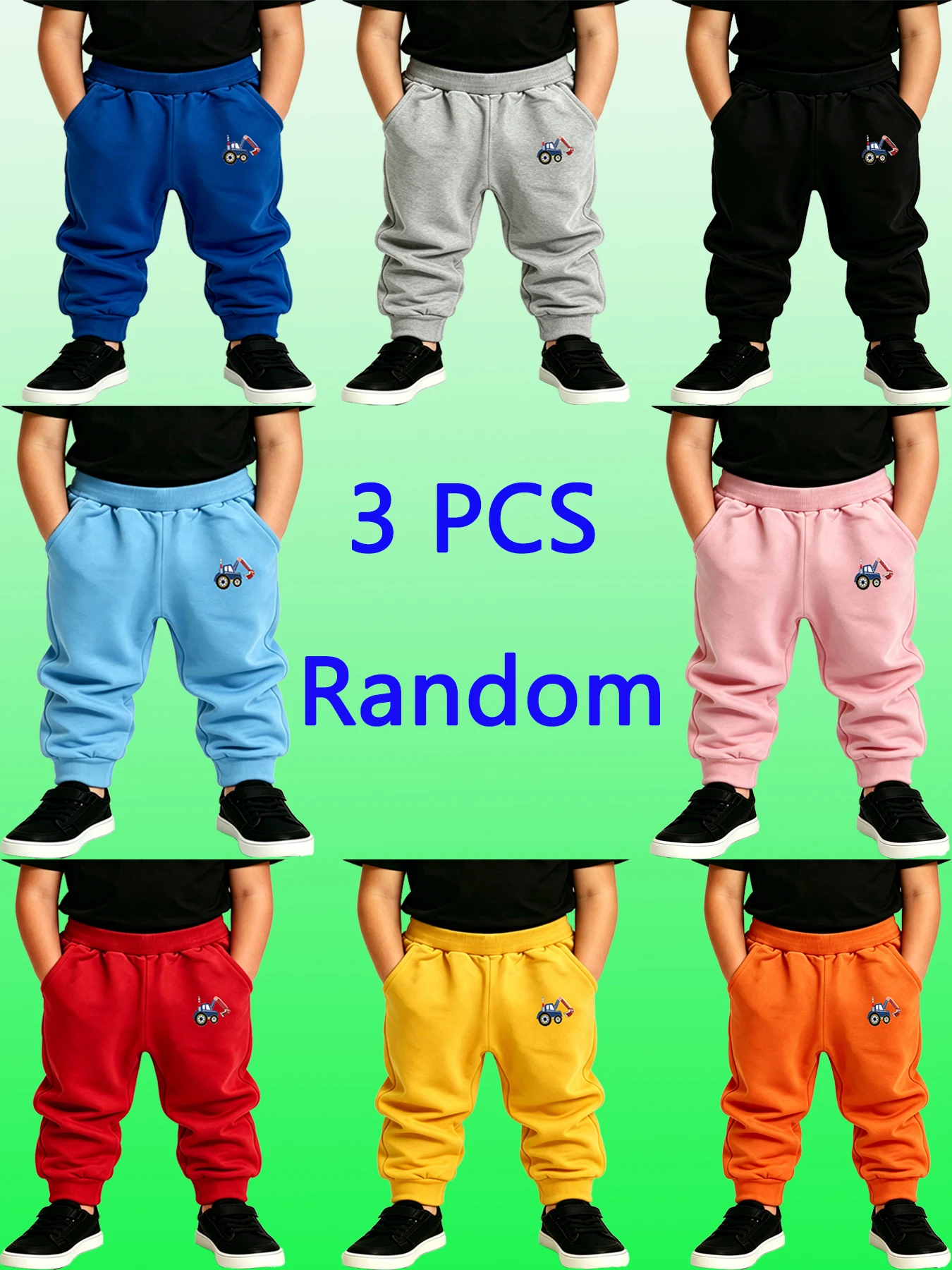 3PCS Random Children's Pants Kids Excavator Print Knit Sweatpants, Boys Girls Elastic Waist Outdoor Play Casual Long Trousers