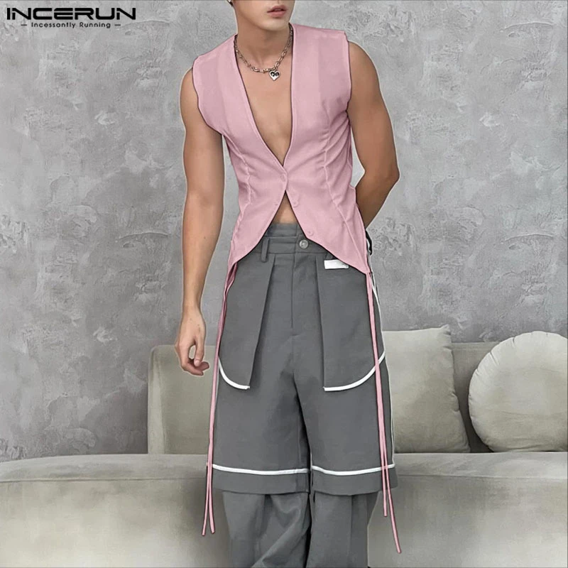 

INCERUN Men Vests Solid Color V Neck Sleeveless Button Casual Male Waistcoats Belt Streetwear 2025 Fashion Leisure Vests S-5XL