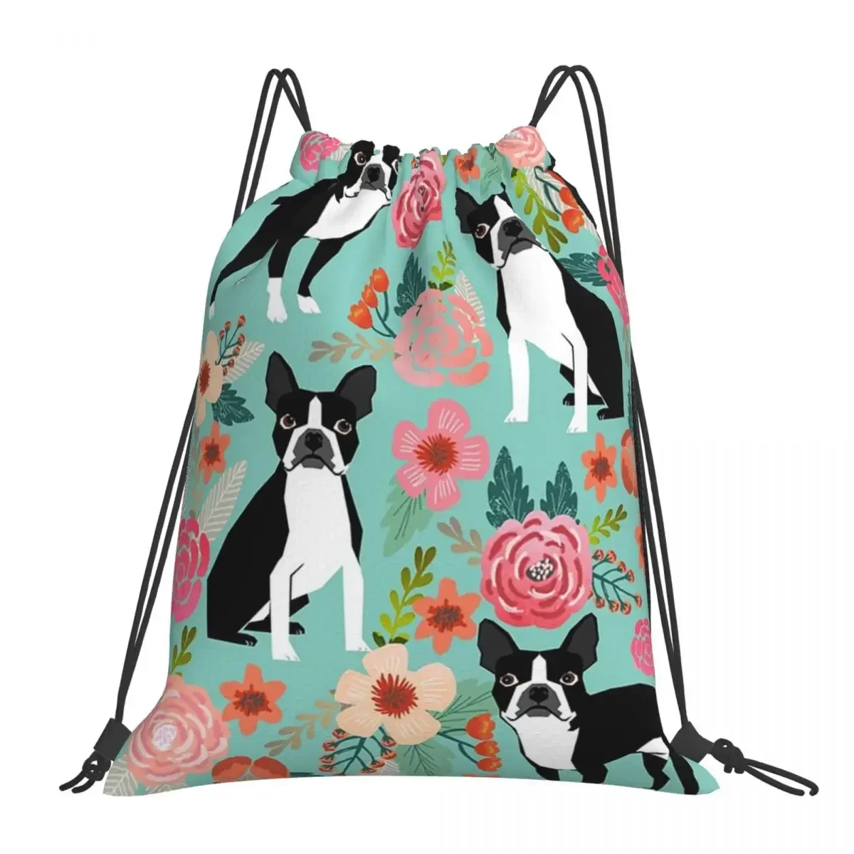 Floral Boston Terrier Cute Dog Backpacks Drawstring Bags Drawstring Bundle Pocket Sports Bag BookBag For Man Woman Students