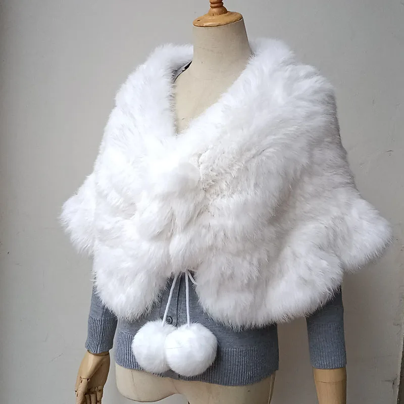 Women Warm Thick Real Rabbit Fur Wrap Shawl With Real Fur Pom pom Fashion Winter Luxury Genuine Fur Cape Female High Quality