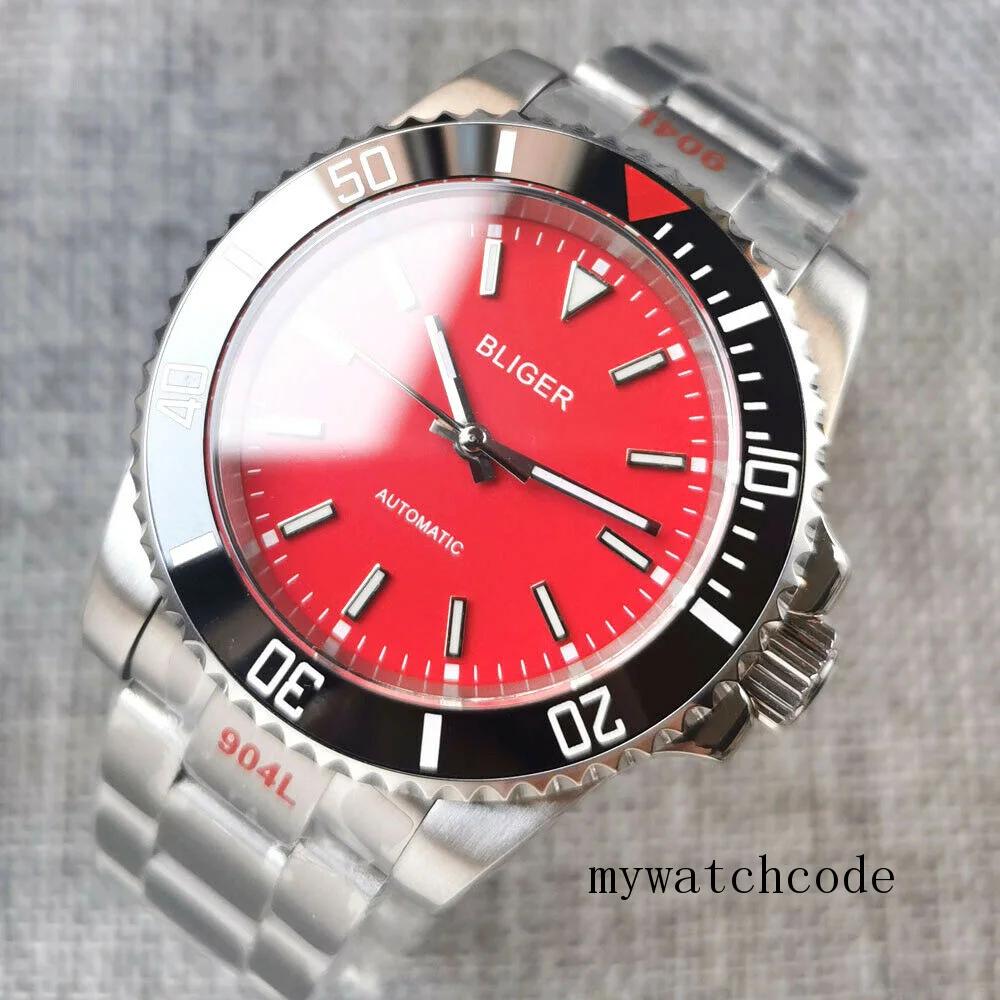 Bliger Orange/Red/Green/Black PT5000 NH35 MIYOTA MINGZHU 40mm Automatic Men Wristwatch Sapphire Glass Rotating Bezel Steel Band