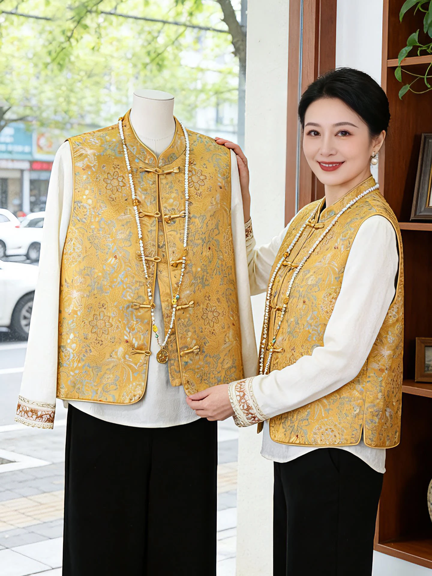 

New Chinese Sle Mommy Vest Set Middle Aged Women Outerwear Spring Autumn Polyester Fiber Loose Fit Two Piece Suit