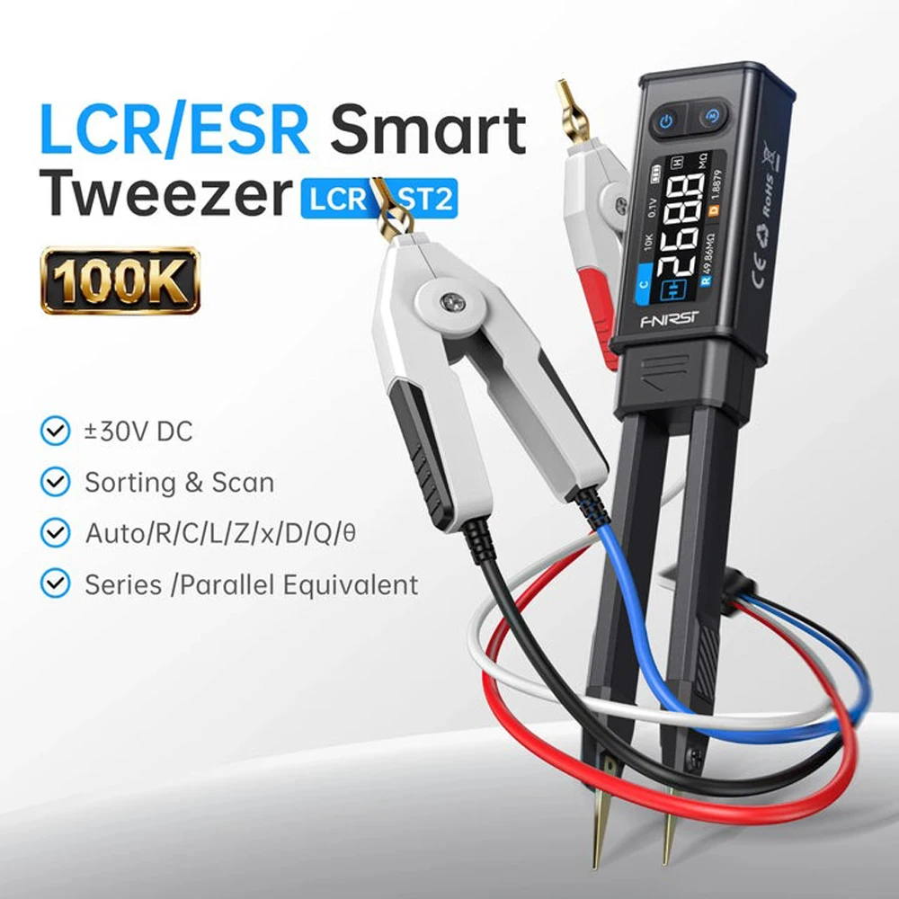 FNIRSI ® LCR-ST2 100K Medidor LCR ESR 2 en 1, Pinzas Digitales con Función de Puente