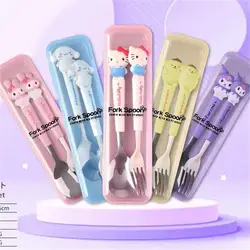 Kawaii Sanrio Hellokitty Kuromi My Melody Cinnamoroll Pompompurin Spoon Fork Stainless Steel Tableware Set Kids Gift For Girls