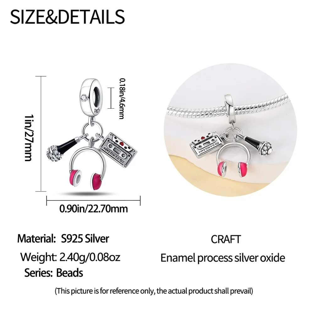 Headphone Microphone Cassette Pink Charms Beads Fit 925 Sterling Silver Charms Bracelet Music Retro Jewelry Gifts for Women