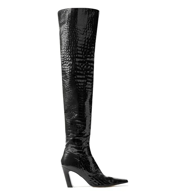 Square Toe Shaped Heel Western Cowboy Thigh Boots Woman Winter 2026 Stone Pattern Side Zip Over The Knee Boots Shoes for Women