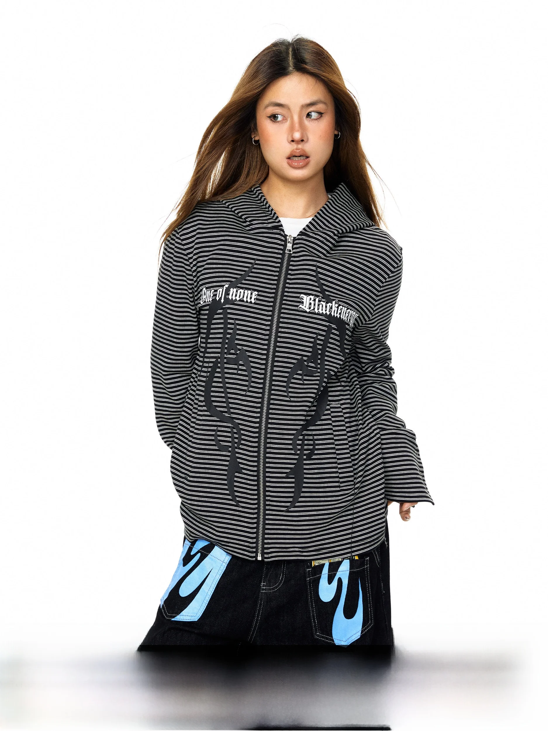 

Blackbb Women's Hoodie Spring Loose Fit Striped Print High Street Jacket Zipper Cardigan Design Slimming Effectiveness