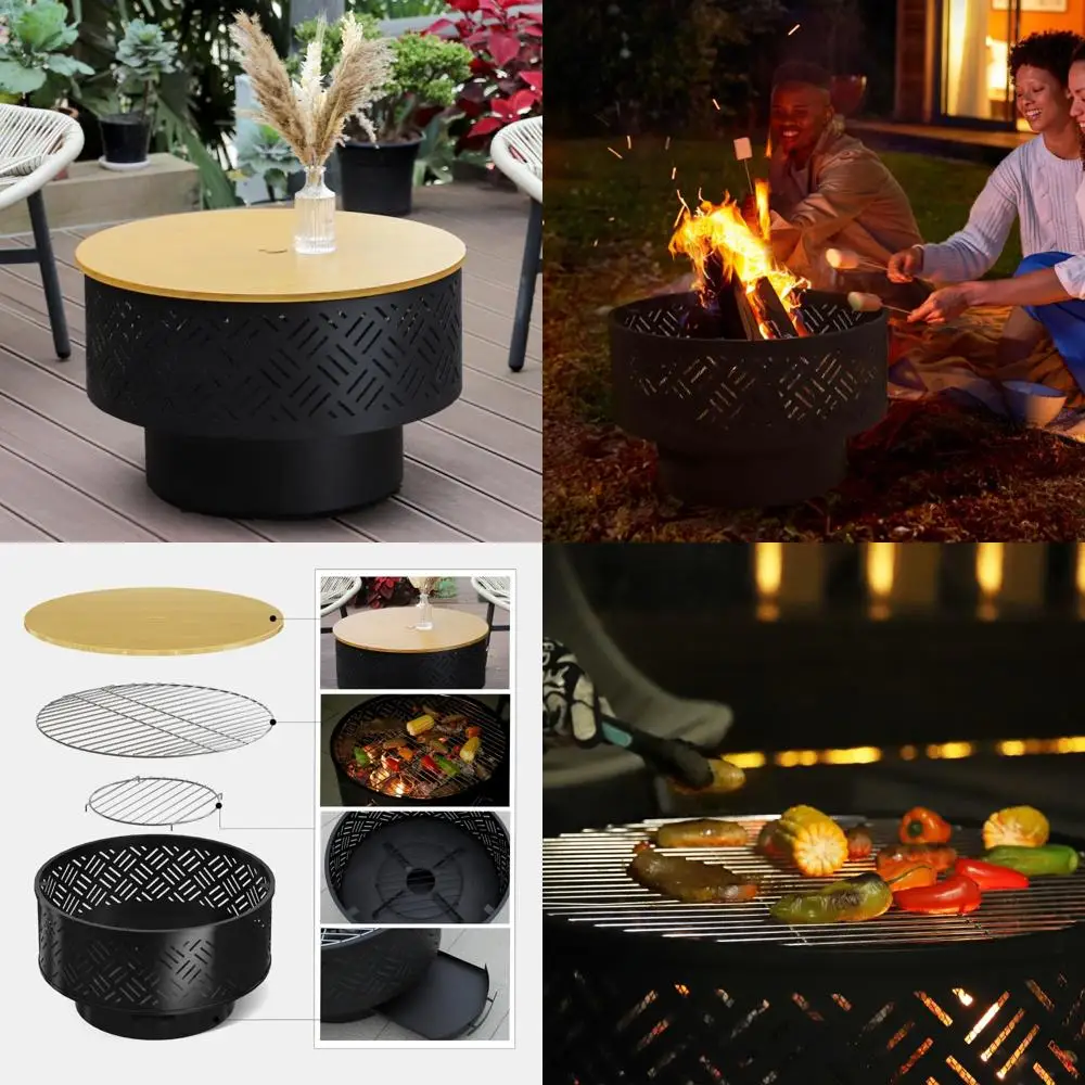 

26" Wood Burning Fire Pits with Grill & Lid, Fire Pit Table for Outside with Waterproof Cover & Fire Poker, Outdoor Firepit with