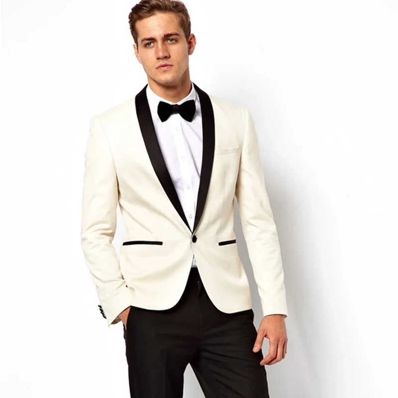 Chaqueta elegante de marfil para hombre, pantalón negro, trajes formales de boda, esmoquin para novio, blazer ajustado, traje personalizado de alta calidad, 2 piezas