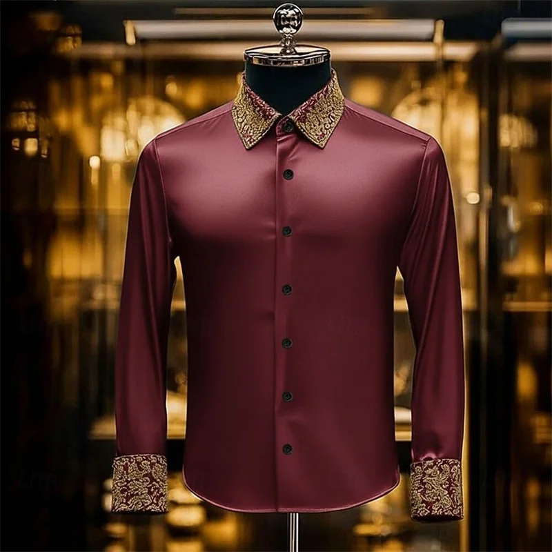 Męska luksusowa koszula z długim rękawem, jedwabna, biało-brązowa, jednolita, wzór paisley, dopasowany krój, casualowa koszula z kołnierzykiem.