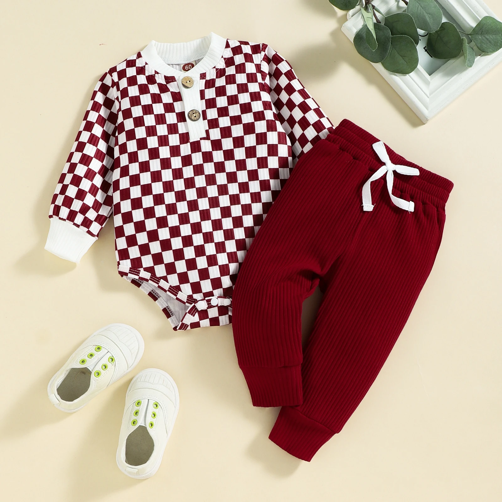 2PCS Autumn Boys And Babies Aged 0-2 Years Old Casual Fashionable Checkerboard Long-Sleeved Top + Solid Color Pants Set