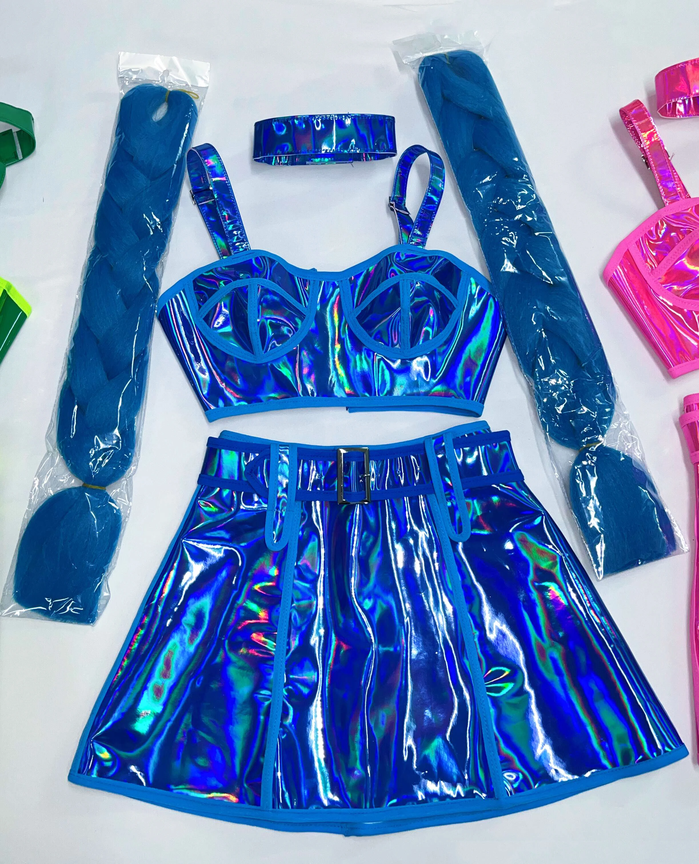 Różowo-Niebieski Laserowy Biustonosz Mini Spódniczka Klubowa Impreza Pokaz Rave Strój Damski Piosenkarka Tancerka Drużyna Seksowny Kostium Sceniczny Nocny Klub