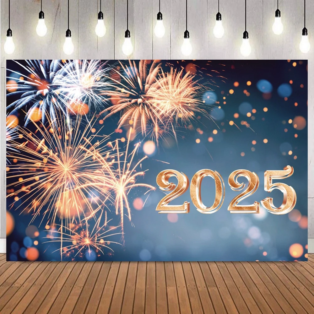 สวัสดีปีใหม่สําหรับ 2025 PARTY ฉากหลังดอกไม้ไฟนาฬิกาแชมเปญทองบอลลูน Home PARTY BANNER Decor การถ่ายภาพพื้นหลัง