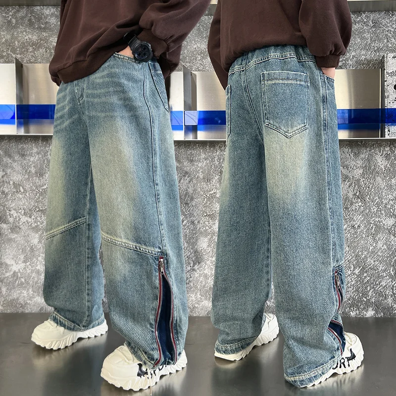 

New Designer Korean Style Kids Fashion Straight Leg Jeans with Side Zipper for Kids Boy Fashion Casual Denim Pants Trousers 5-14