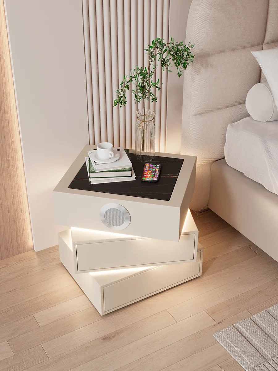 Solid wood bedside table wireless charging leather intelligent multifunctional Bluetooth audio bedside cabinet with lamp