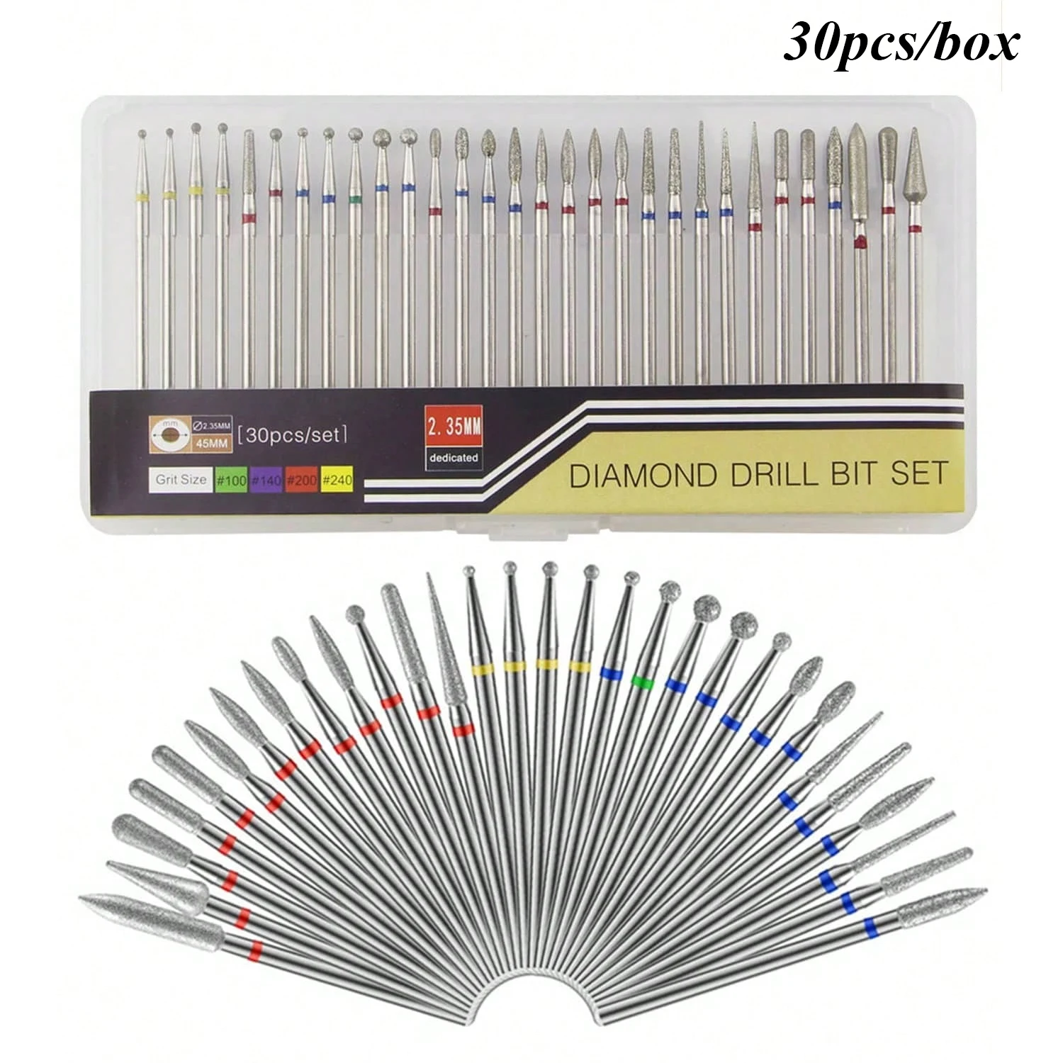 Professional Safety Diamond Nail Drill Bit Set, 3/32 inch Carbide Cuticle Bits for Electric Manicure and Pedicure, 30 Pieces