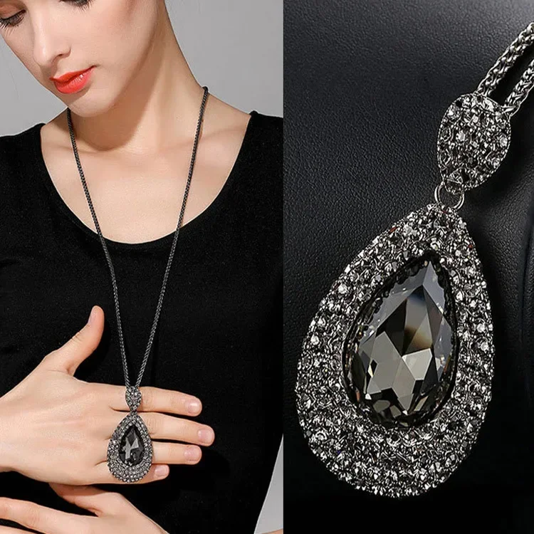 Fashion Korean Women\'s Necklace Rhinestone Crystal Water Drop Pendant Long Sweater Chain  For Women Party Jewelry