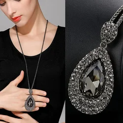 Fashion Korean Women's Necklace Rhinestone Crystal Water Drop Pendant Long Sweater Chain  For Women Party Jewelry