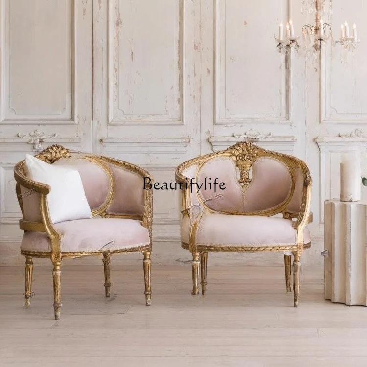 

Light Luxury American Style Solid Wood Carved Single Sofa Chair Living Room Balcony Photo Studio Pink Shooting Chair