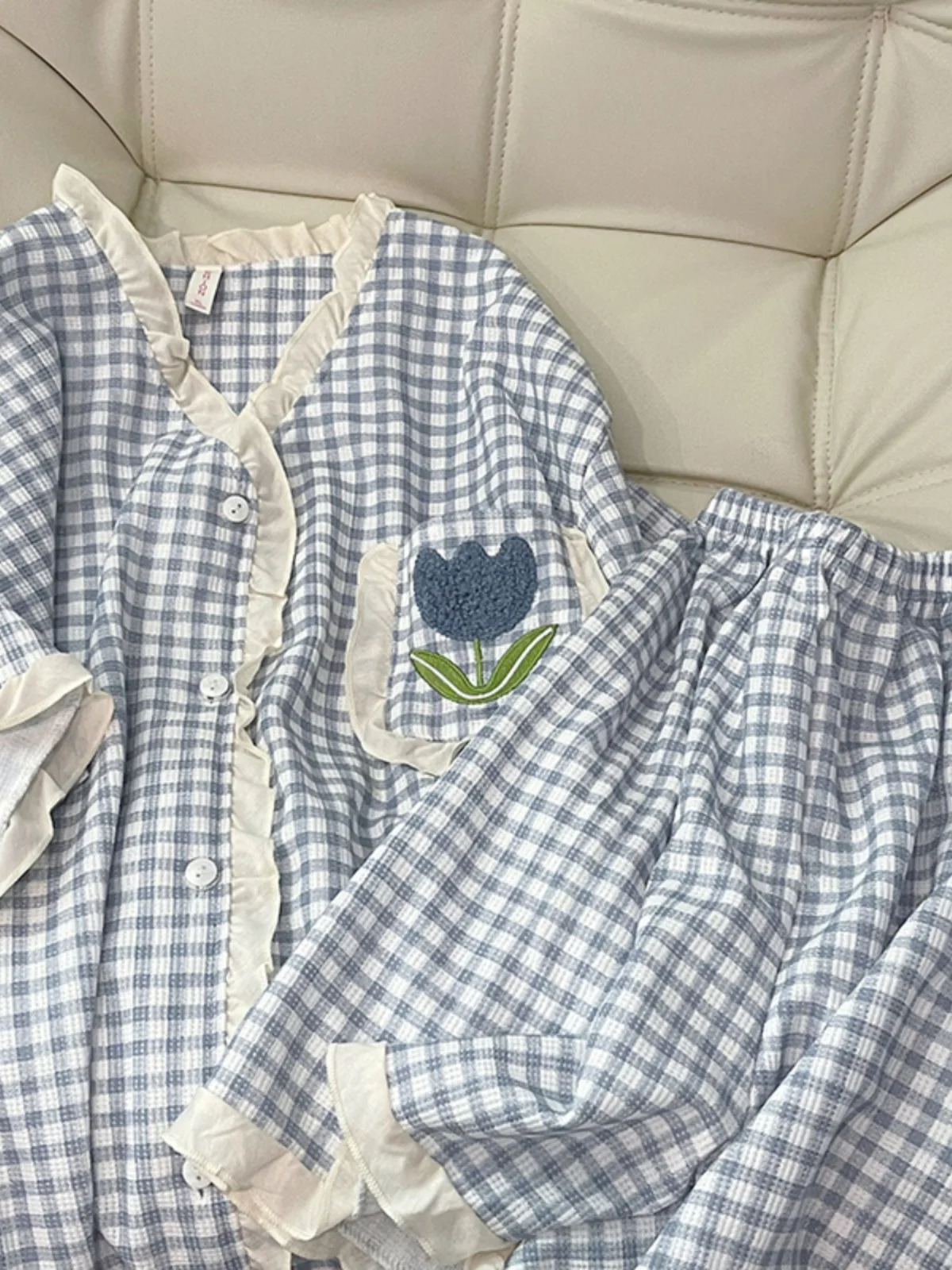 DAIMELU ins wind pure cotton pajamas women's fattened plus size fat mm summer blue plaid flower short-sleeved loungewear set
