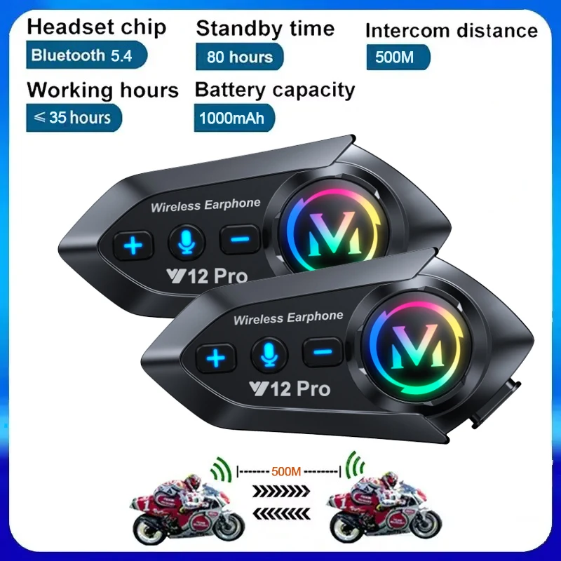

1/2pcs Y12Pro Wireless Bluetooth 5.4 Motorcycle Helmet Intercom Headset Waterproof 300 m Intercomunicador Speaker Earphone