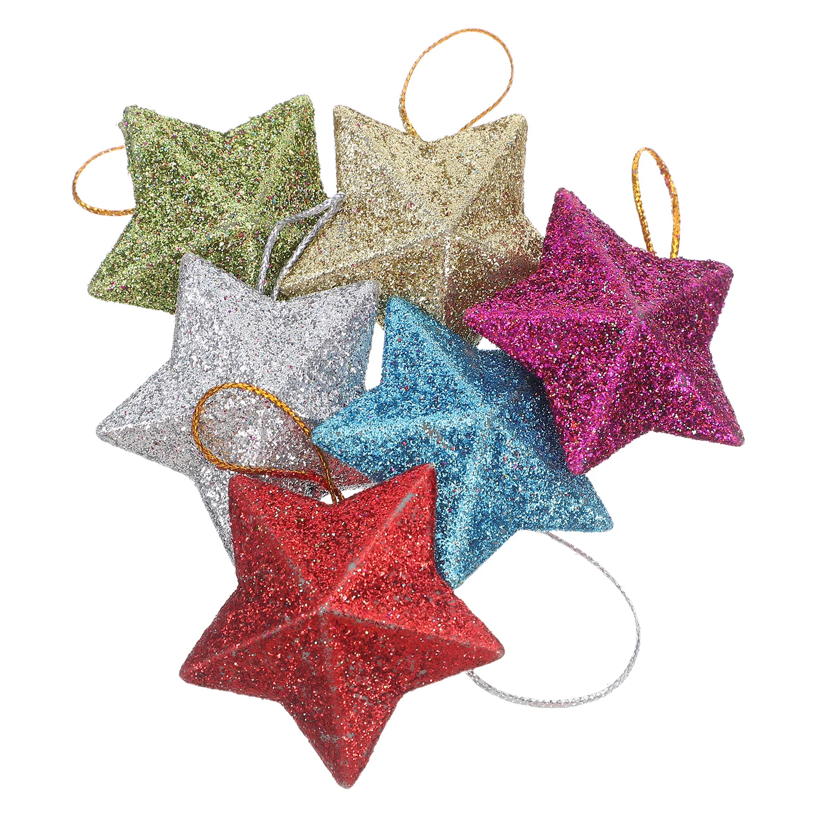 

6Pcs Glitter Star Ornaments for Tree - 3D Five-Pointed Plastic Hanging Decor - Christmas Tree Topper Holiday Party Wedding