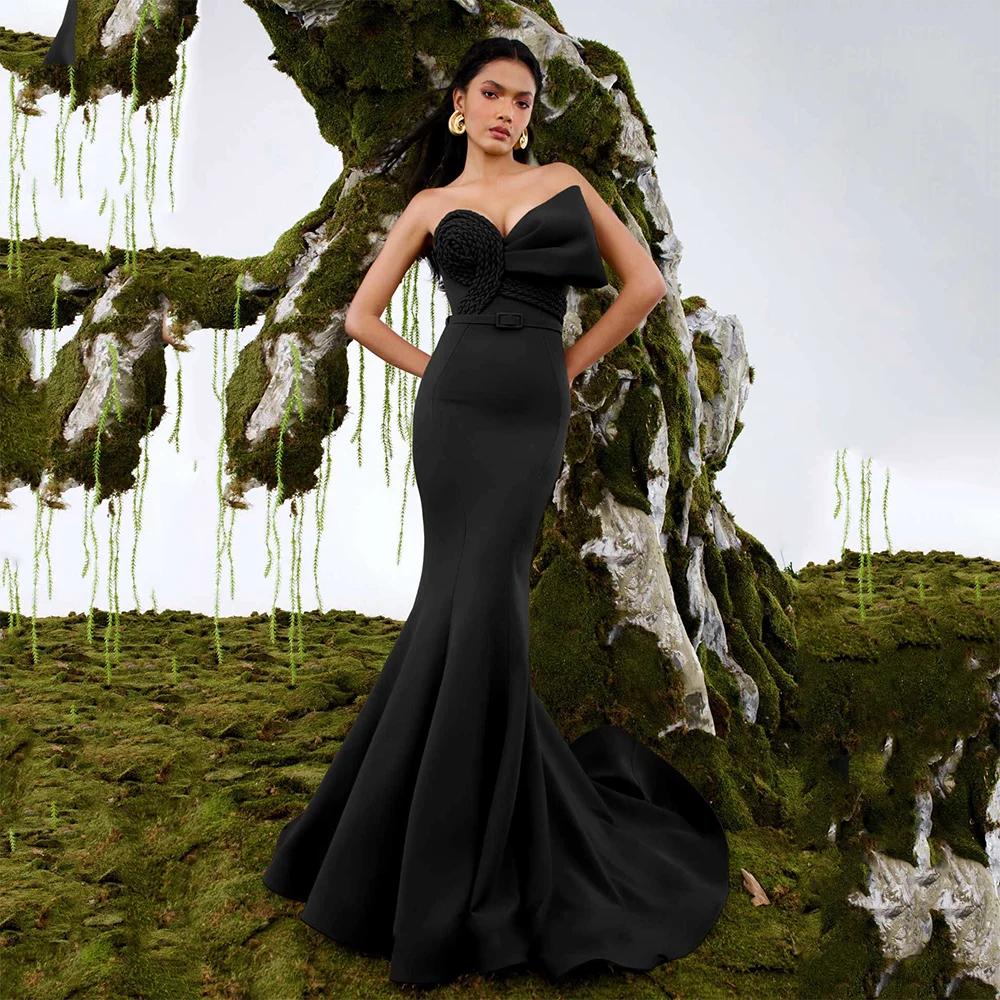 

Black Jersey Strapless Sleeveless Prom Gowns Customized Elegant Pleat Mermaid Floor Length Evenig Dresses with Sash Long Dress