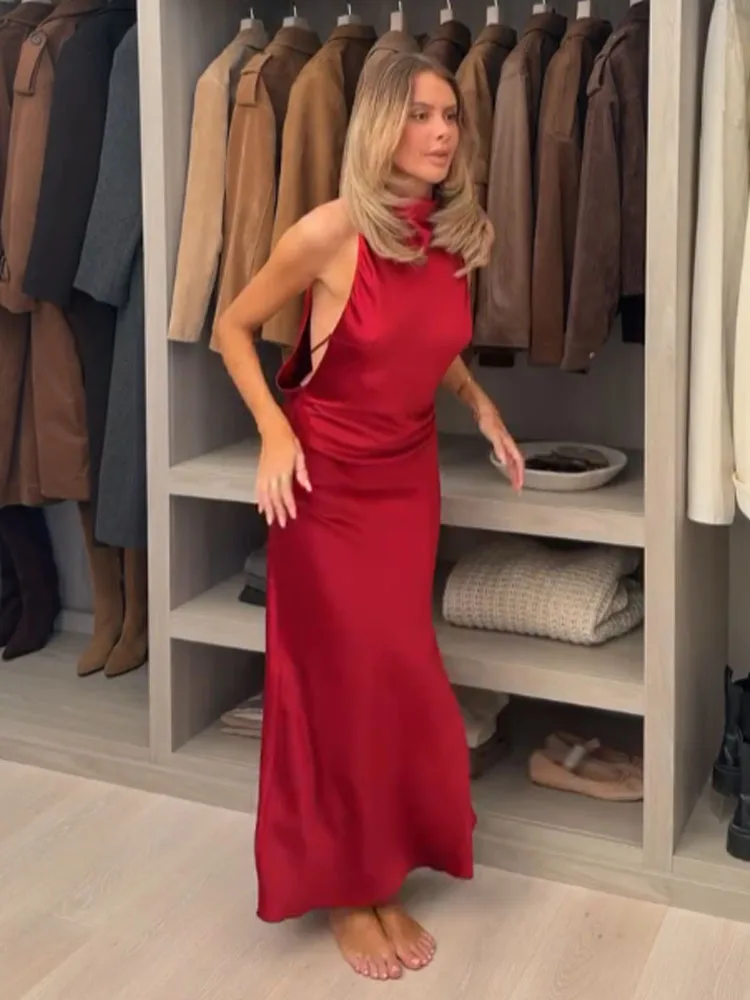 HH Frau Frühling Mode Ärmellose Sexy Backless Halter Kragen Seide Satin Textur Langes Kleid Weibliche Elegante Chic Bankett Kleid