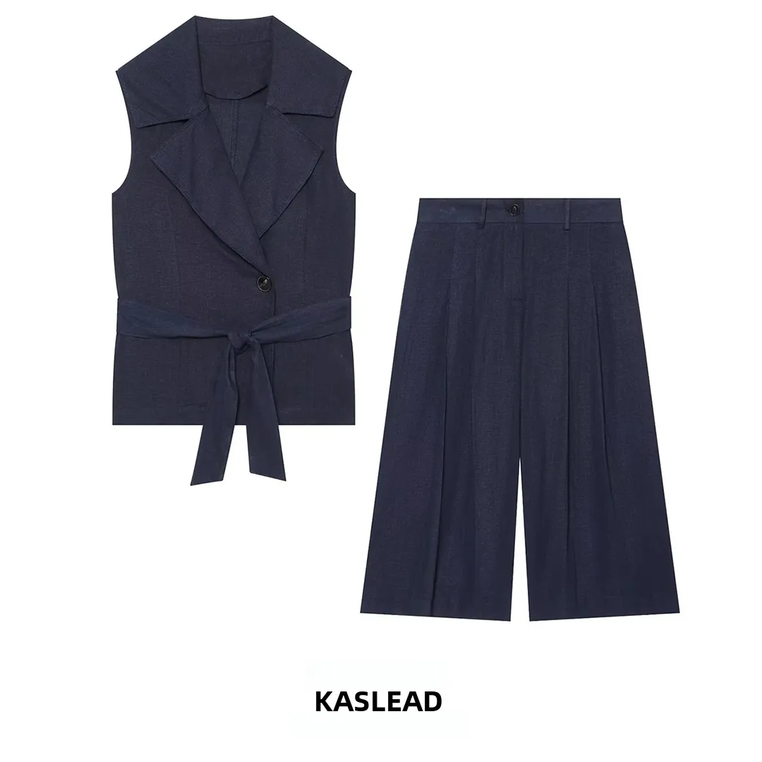 Fashionable Women's Vest And Midi Pants Set with Belt Spring Summer Autumn Stylish Trendy Two-Piece Suit No Brand Label