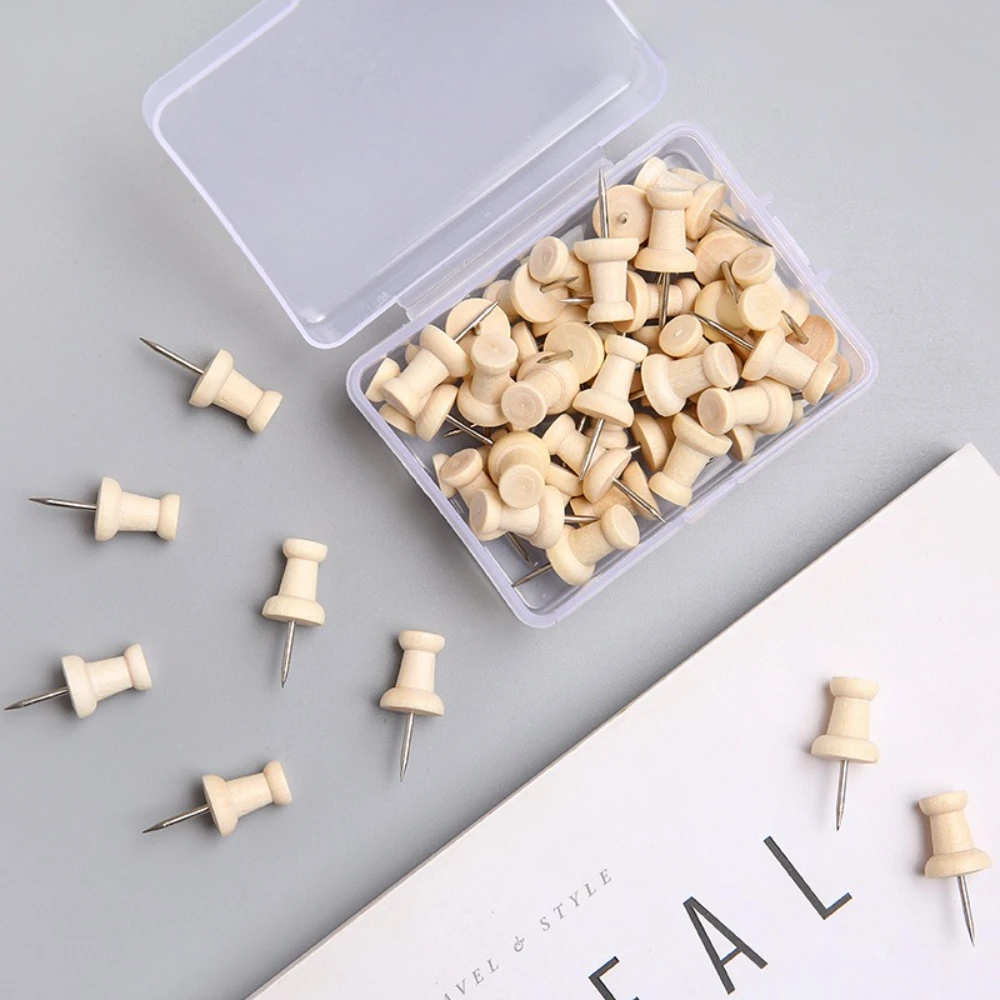 

50Pcs Thumb Tacks Round Wooden Thumbtack Creative Decorative Drawing Push Pins Wood Head for Wall Hangings Corkboard Office Home
