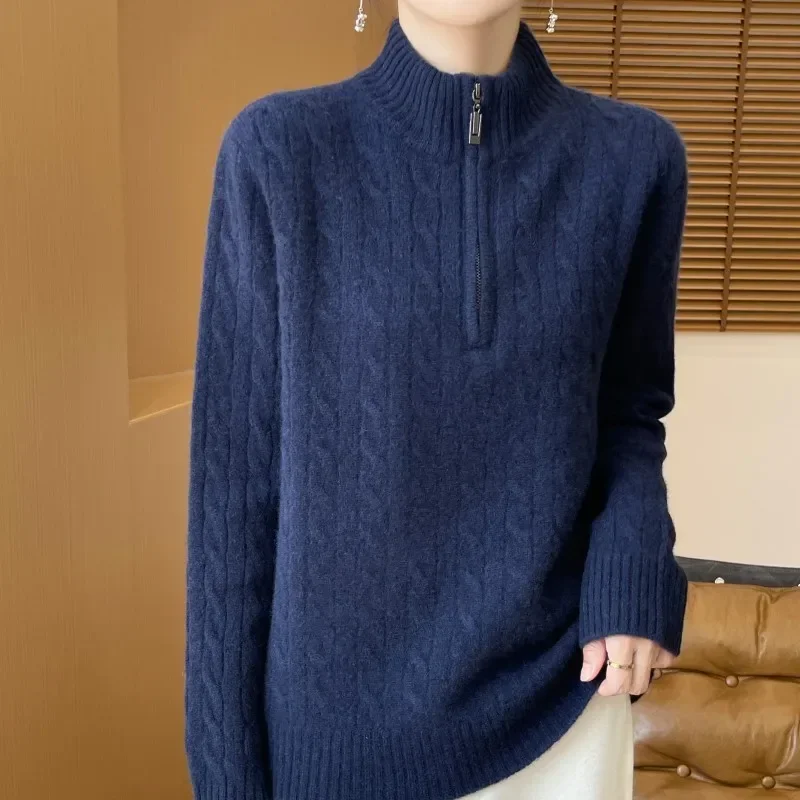 100% Pure Woolen Sweater Women's Half Zip Stand Collar Cashmere  Pullover  Loose Knit Twist