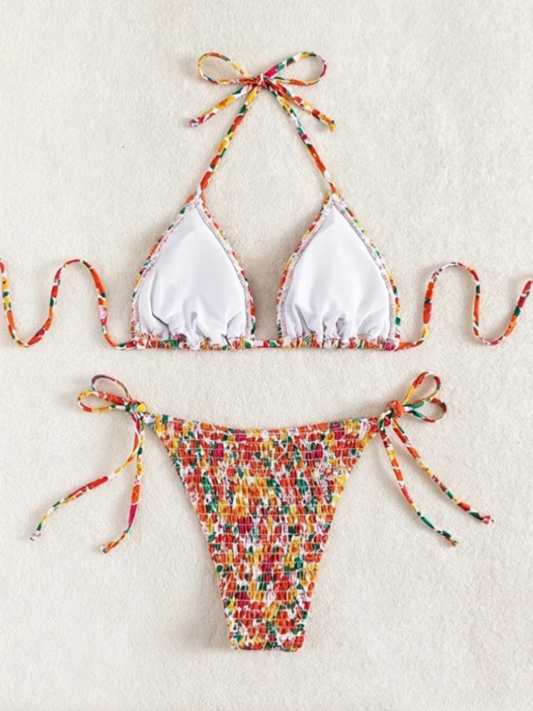 Women Y2K Japanese Lolita Floral Ruffle Two Piece Bikini Slim Sexy Outfit Summer Beach Daily Swimwear Ladies Holiday Wear