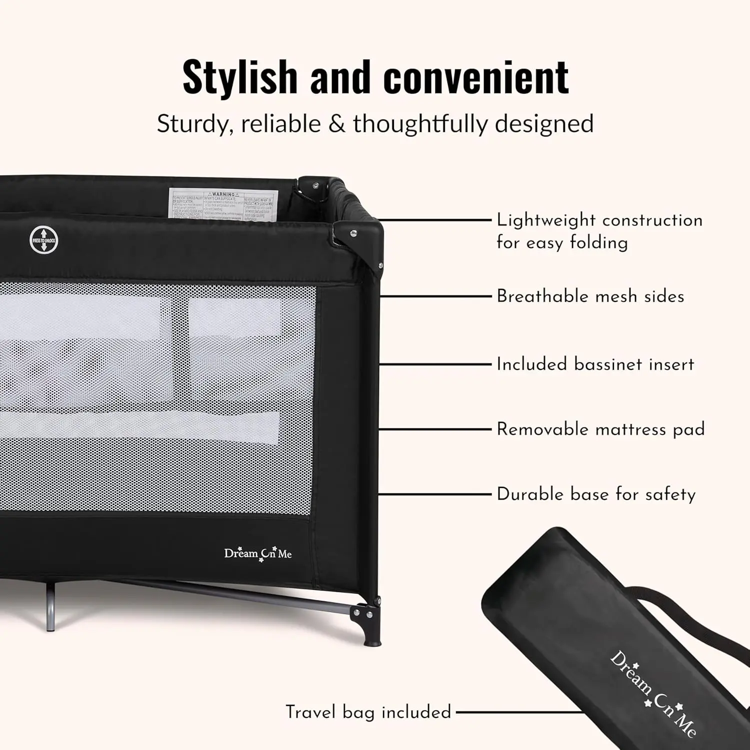 Parco giochi portatile per bambini con culla, design leggero e pieghevole, materasso e borsa da viaggio inclusa