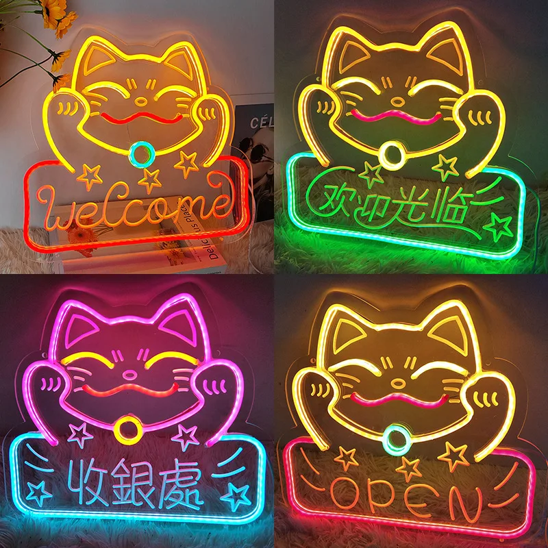 Fortune Cat Ramen Anime Neon Sign Lucky Cat The God of Wealth Neon Light Wall Decor Custom Restaurant Neon Sign Kitchen Decor