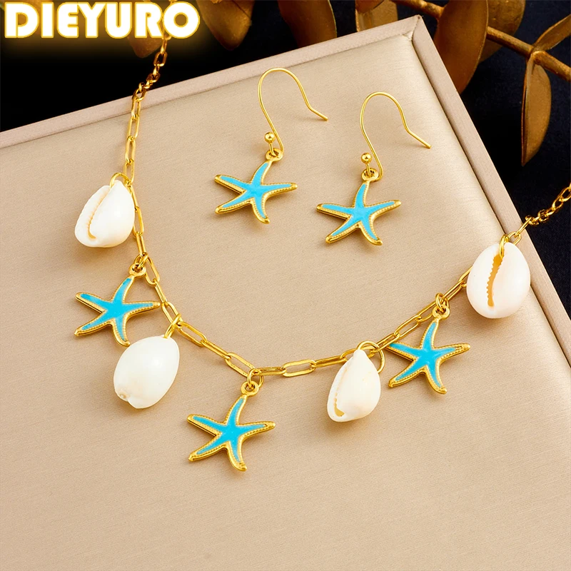 

DIEYURO 316L Stainless Steel Blue Enamel Starfish Shell Pendant Necklace Earrings Set Lady New Trend Waterproof Jewelry Gift Set