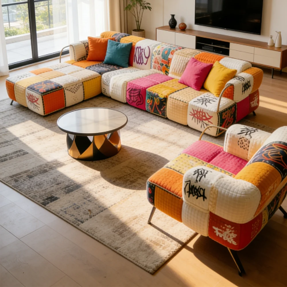 Modern Fabric Club Sofa Chair Color Block Patchwork Comfortable Accent Seating for Office Study Living Room