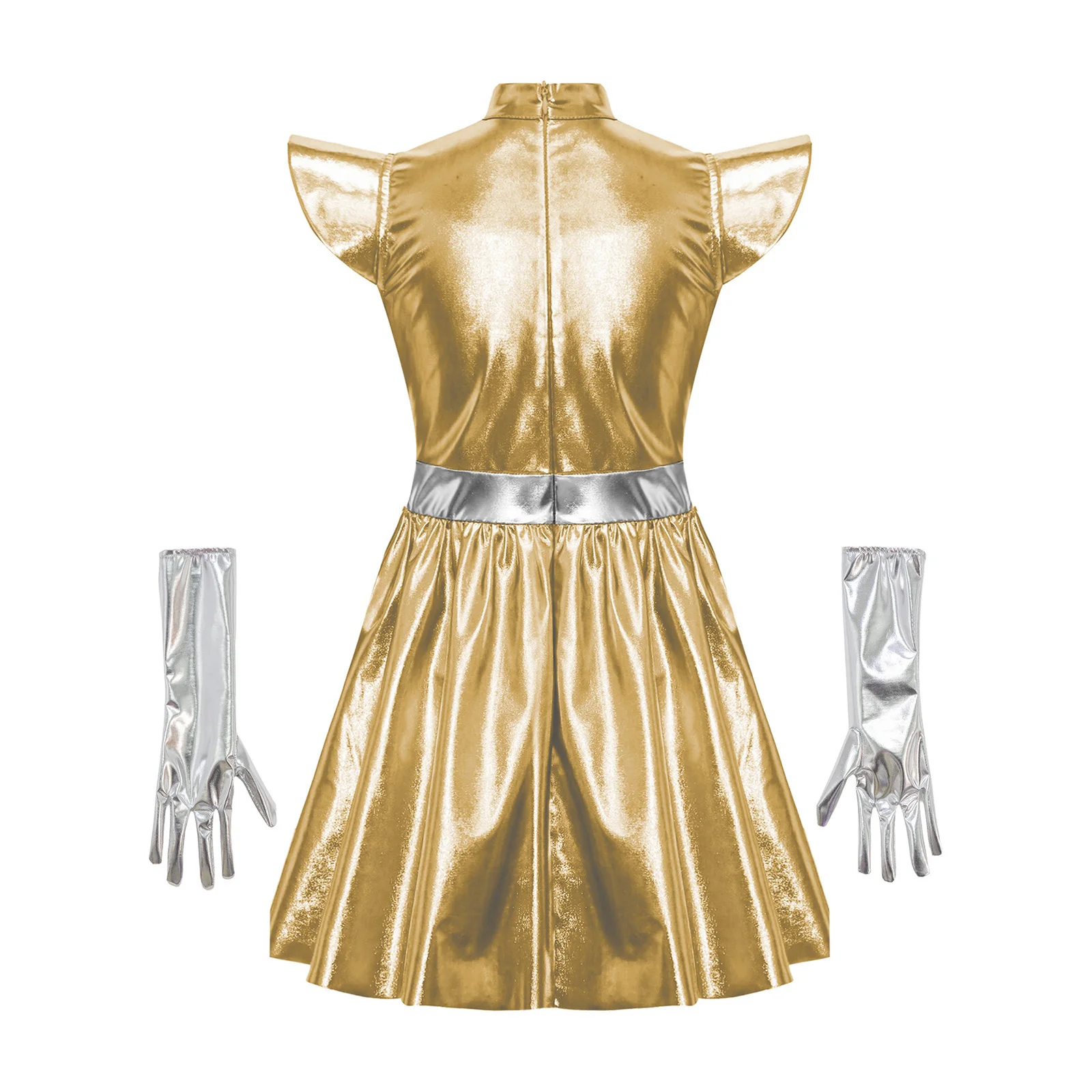 Kids Girls Halloween Alien Cosplay Costume Metallic Shiny Zipper Dress with Gloves Robot Astronaut Space Cadet Role Play Clothes