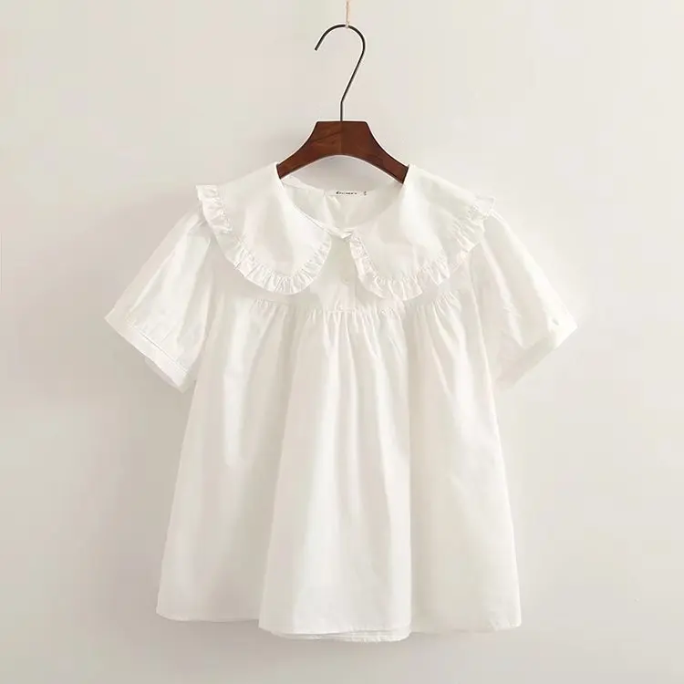 Morigirl Japan style sweet peter pan collar white blue check shirts and blouses kawaii 100% cotton short sleeve tops