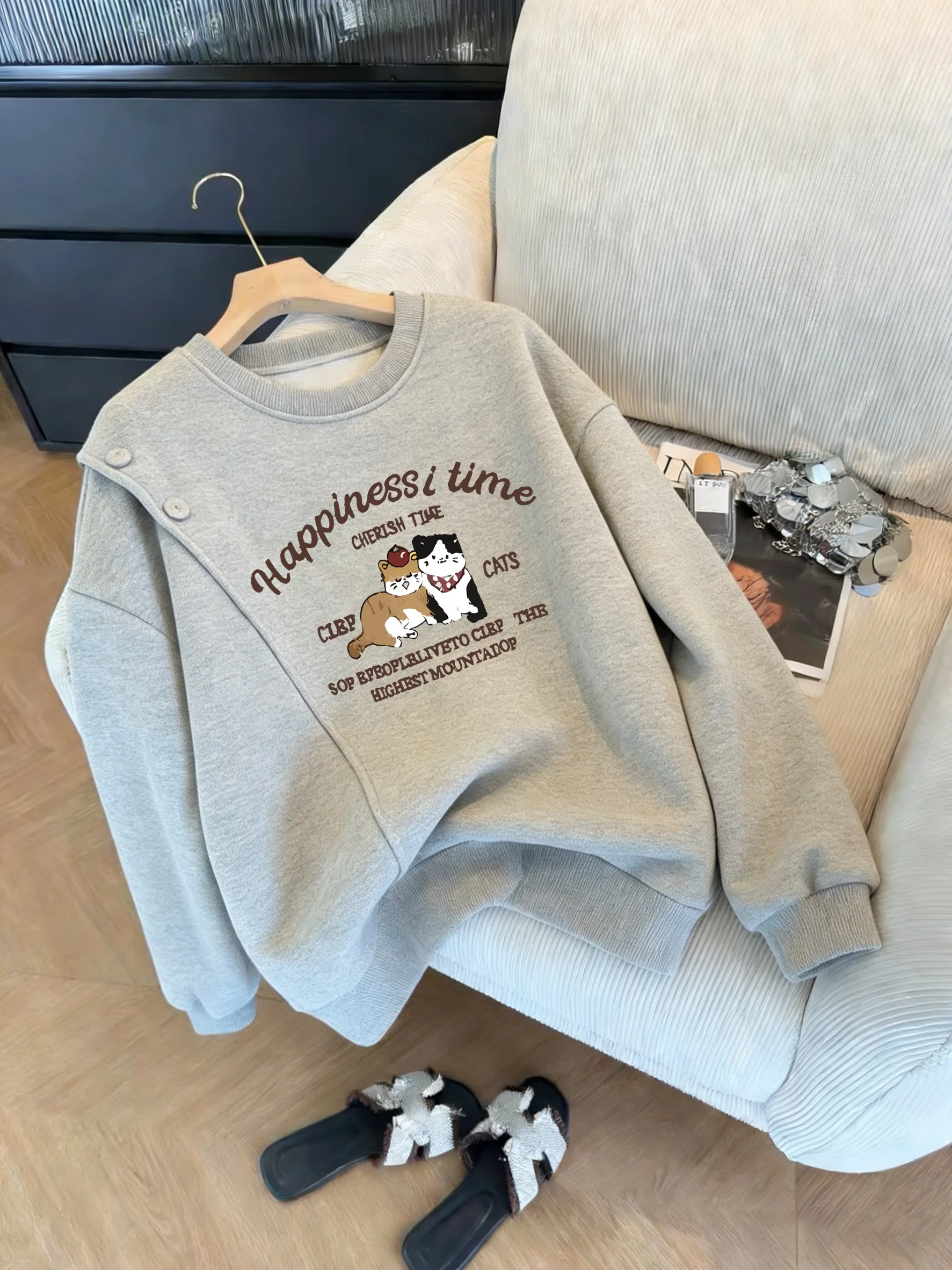 

Retro Cute Cartoon Print Long Sve Hoodie Loose Fit Sweet Slimming Overhead Top for Women Casual Street Sle Spring Au...