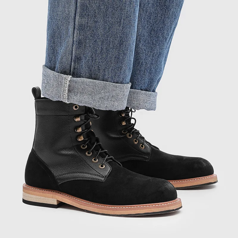 British style men fashion original leather boots black brown shoes outdoors vintage cowboy boot spring autumn ankle botas hombre