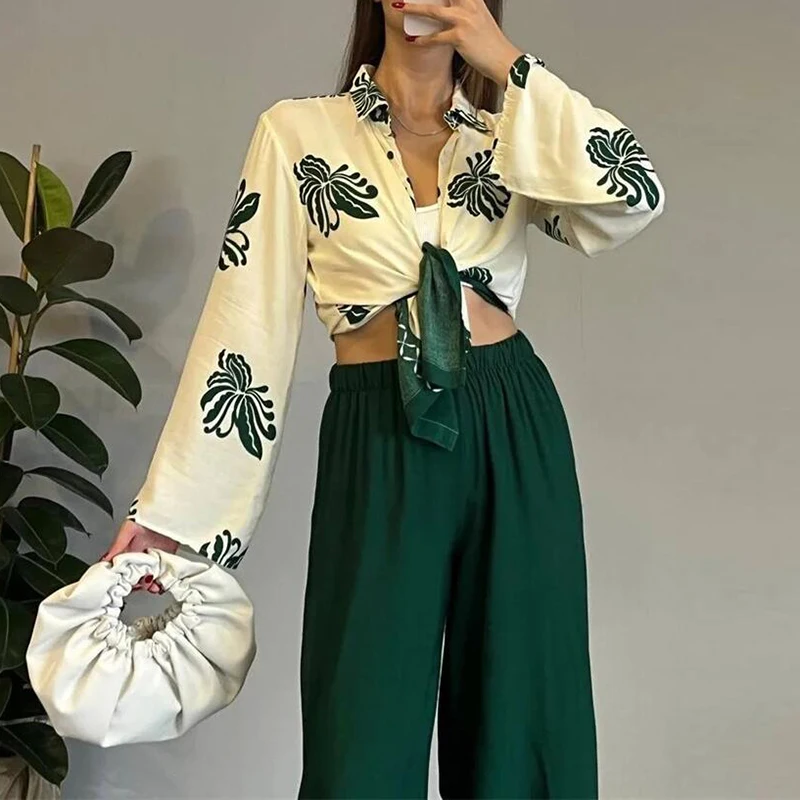 

Elegant Loose Straight Pants Outfits 2024 New Fashion Printed Patchwork Women Suit Casual Commuting Long Sleeved Shirt 2pc Set