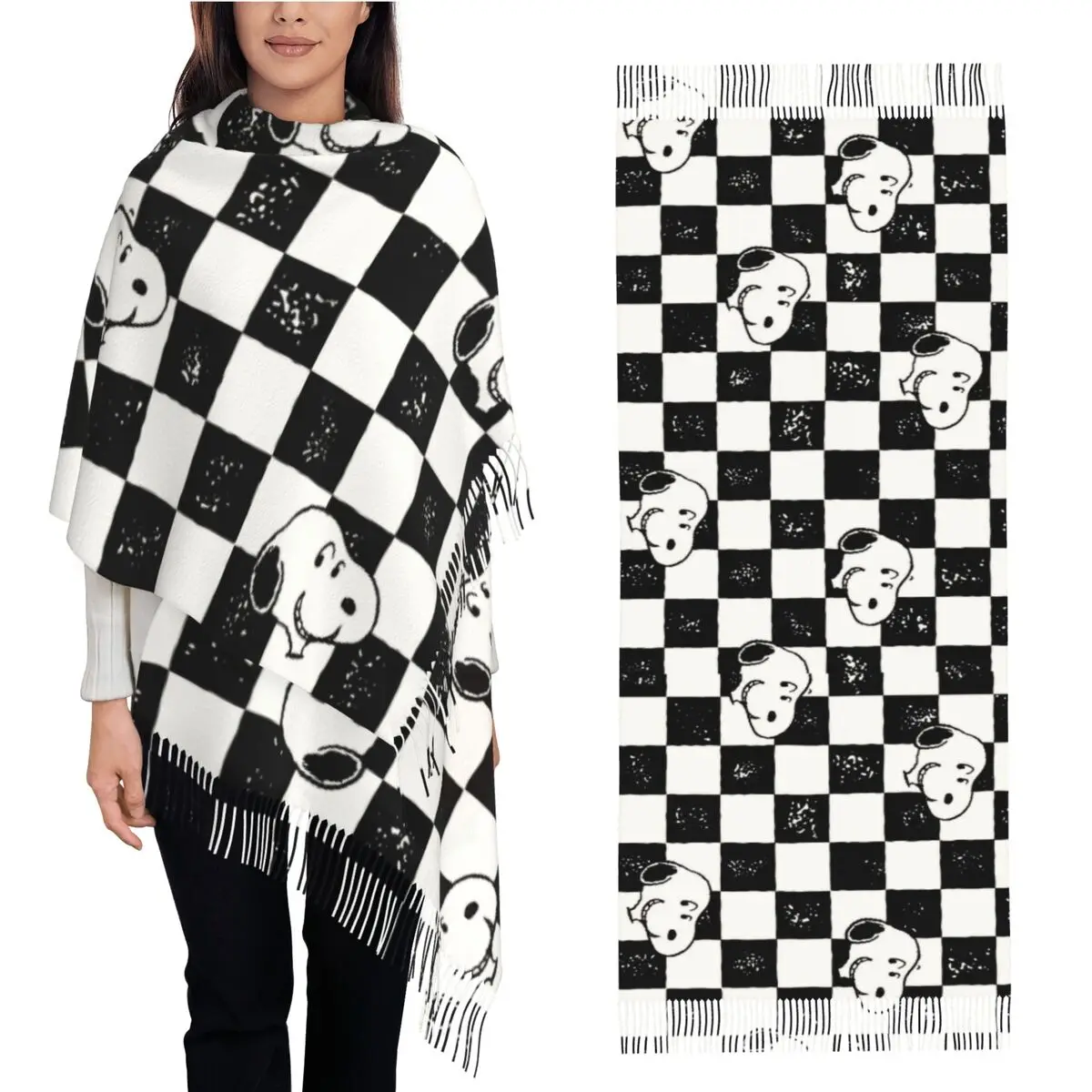 Snoopys Checkered Flag Scarf for Women Winter Warm Shawl Wrap Long Large Scarves with Tassel Lightweight