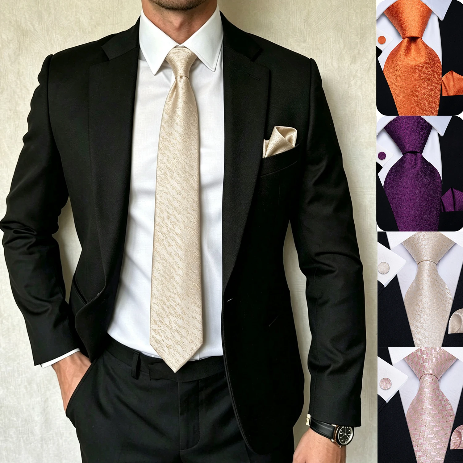 3Pcs Solid Subtle Pattern Tie Set Mens Tie Handkerchief Cufflinks for Wedding Business Formal Office Banquet Prom Party Groom