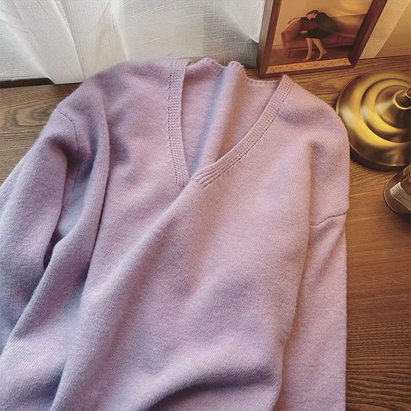 Pull basique Vintage à manches longues pour femme, pull doux et chaud à col en v, élégant, coupe ample, rajeunissant, automne hiver