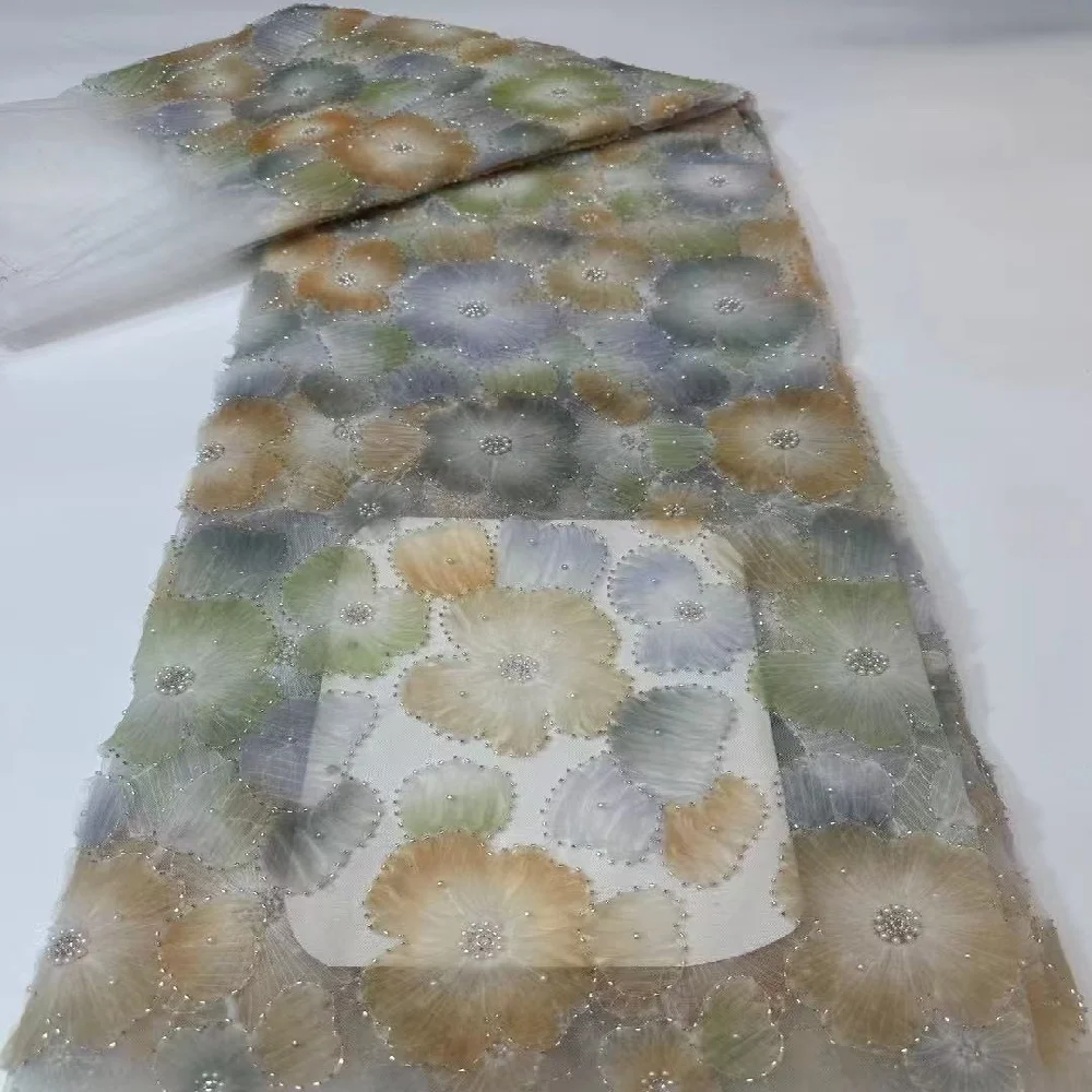 

New Design Luxury 3D African Lace Fabric With Beads 2026 High Quality Beaded French Lace Fabric For Women Party Dress